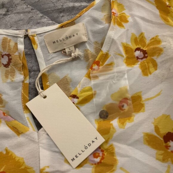 Melloday Floral Yellow & White Tiered Dress Square Neck & Ruffled Boho flowy L - Picture 5 of 13